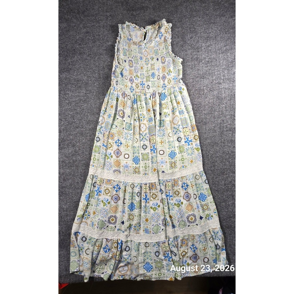 Penelope Rose Tile Print Smocked Maxi Dress XL Blue Green Lace Tiered Boho